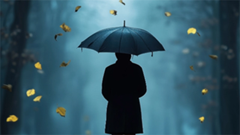Mann bei Nacht im Wald von hinten mit Regenschirm 