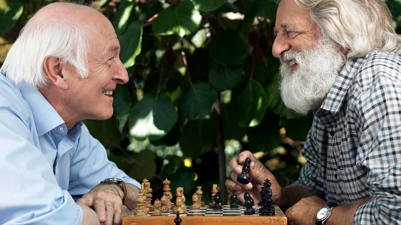 Zwei Senioren spielen zusammen Schach.