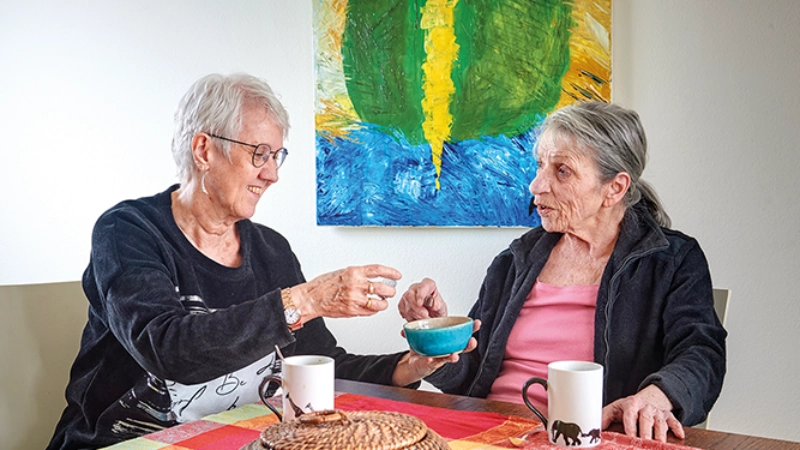 Eine Frau hilft einer Senior aus dem Auto.