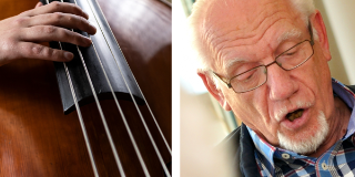 Hand am Kontrabass und Mann, der jodelt.