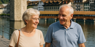 Ein älteres Ehepaar spricht miteinander vor der Kapellbrücke in Luzern.