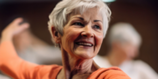 Seniorin lächelt und tanzt mit ausgestreckten Armen.