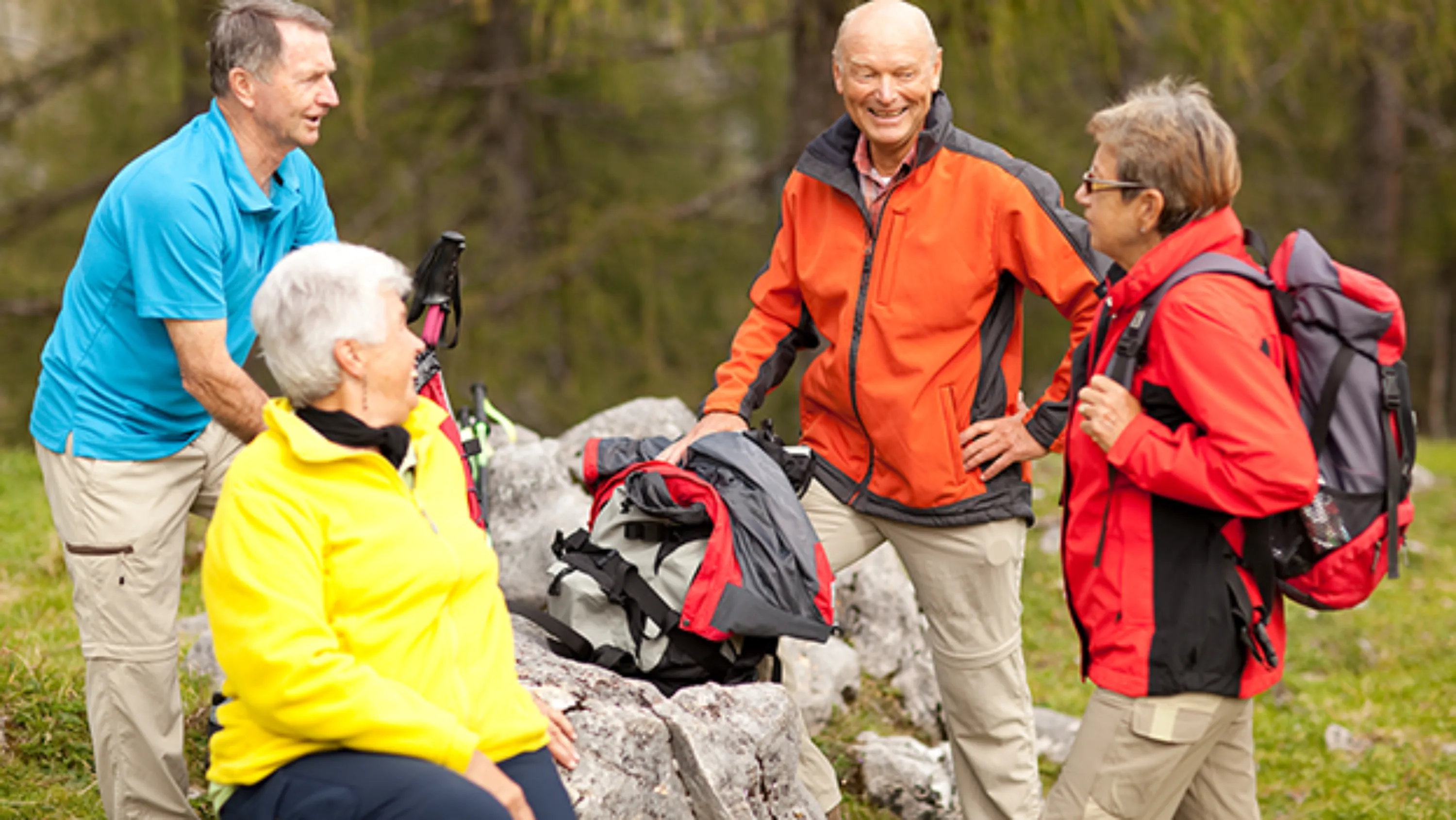 Eine Seniorengruppe wandert einen Berg hinauf.