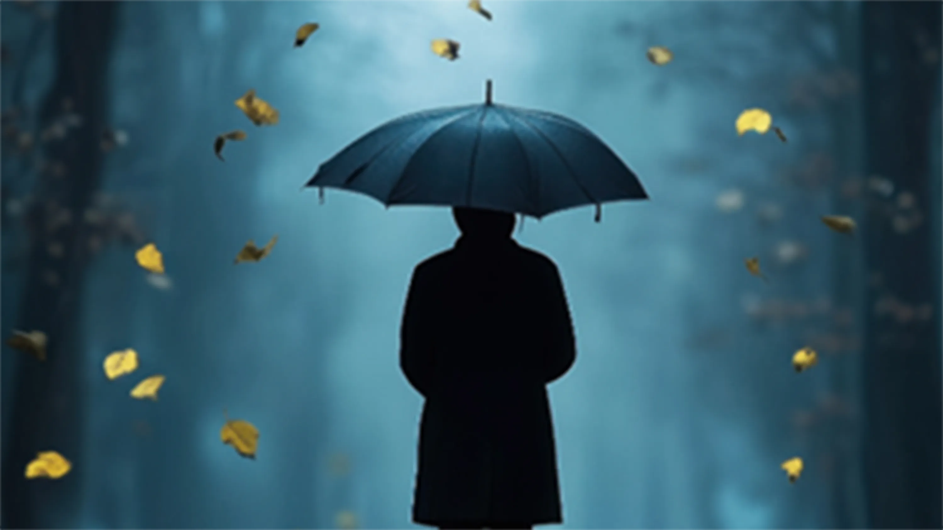 Ein Mann im Wald alleine von hinten mit offenem Schirm und Mantel