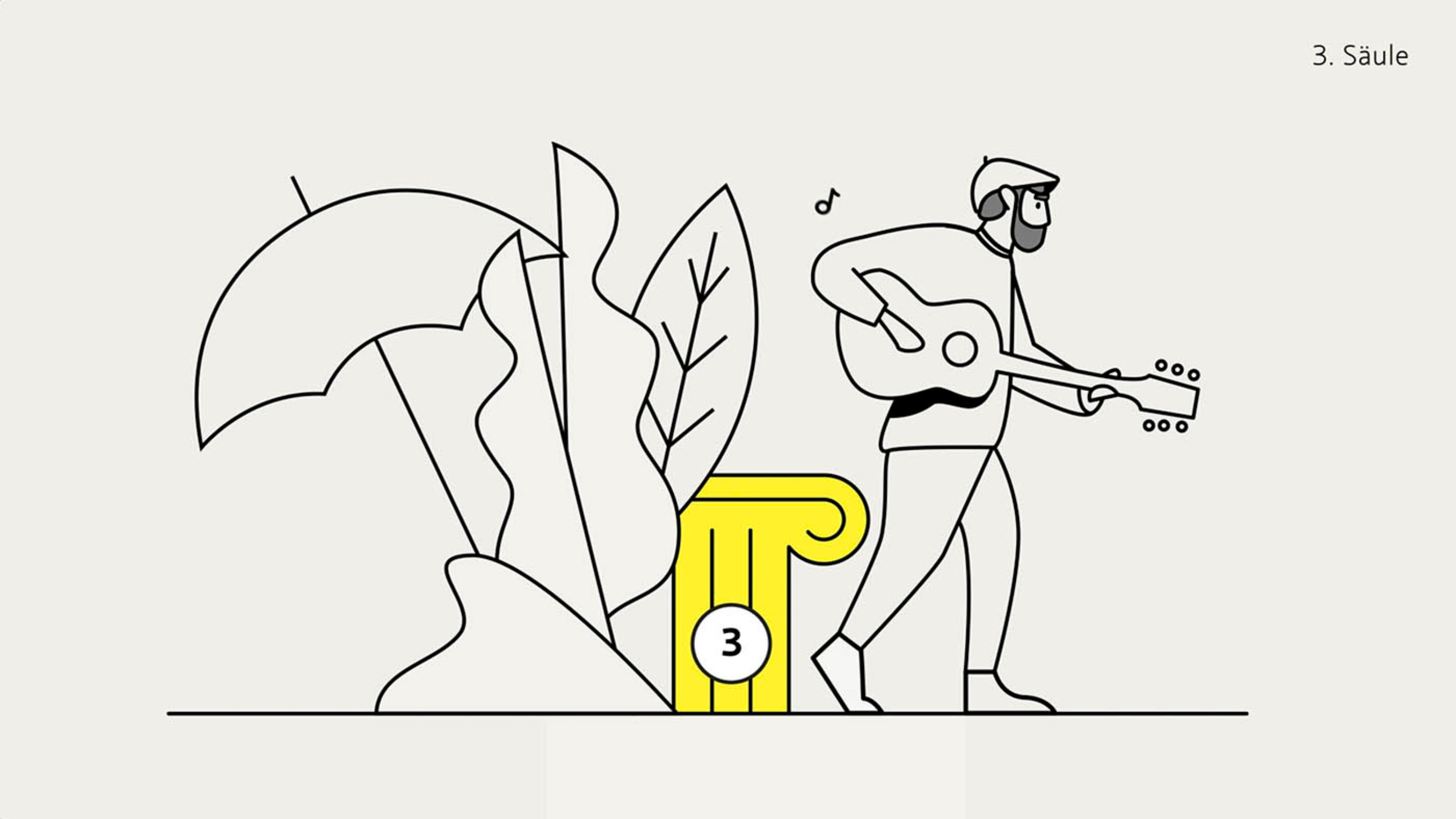 Illustration von einem Mann mit Gitarre. Im Hintergrund steht die dritte Säule. 