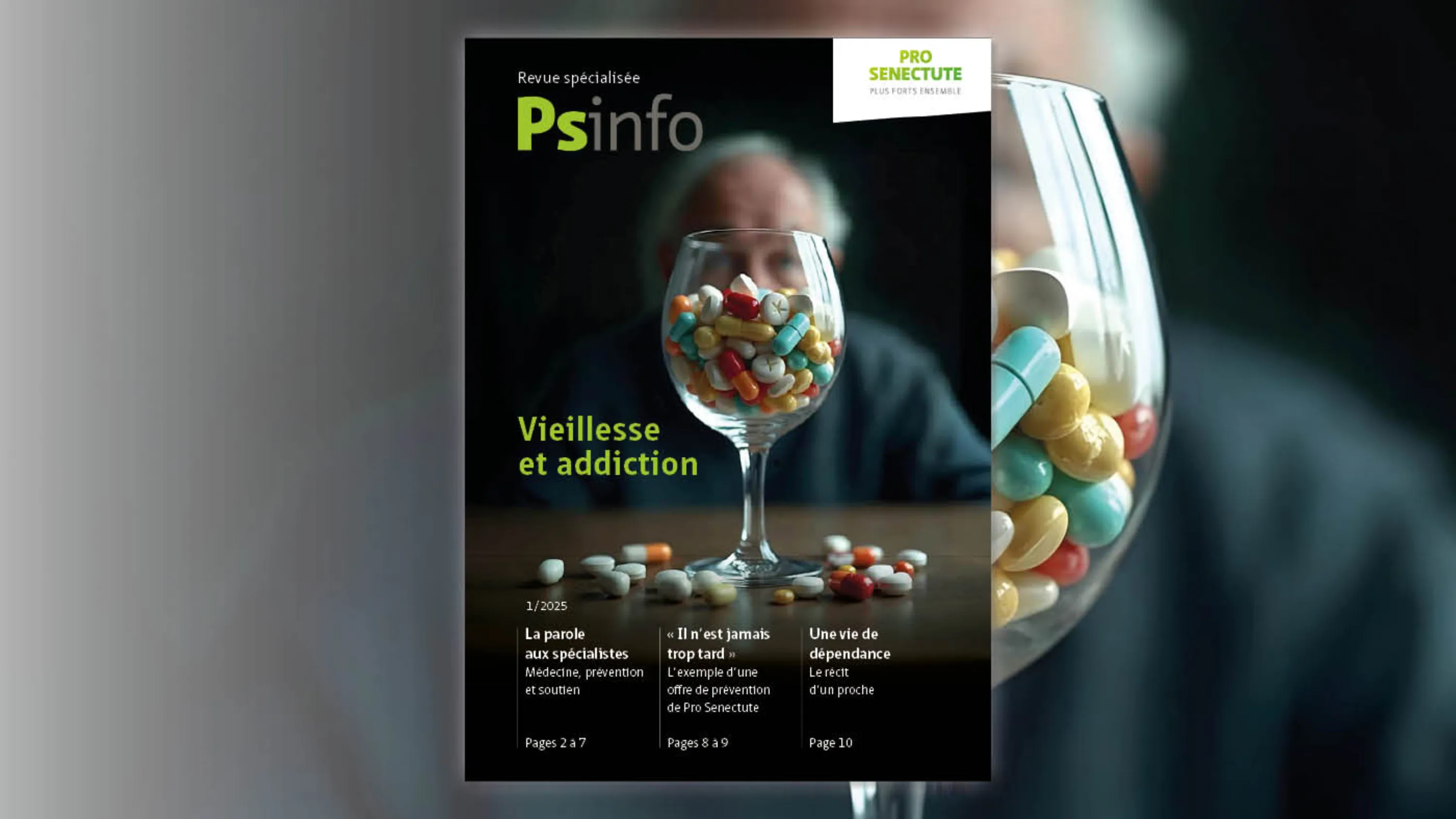Page de couverture de Psinfo 01/2025 : une personne assis à une table, devant lui se trouve un verre rempli de pilules et de comprimés