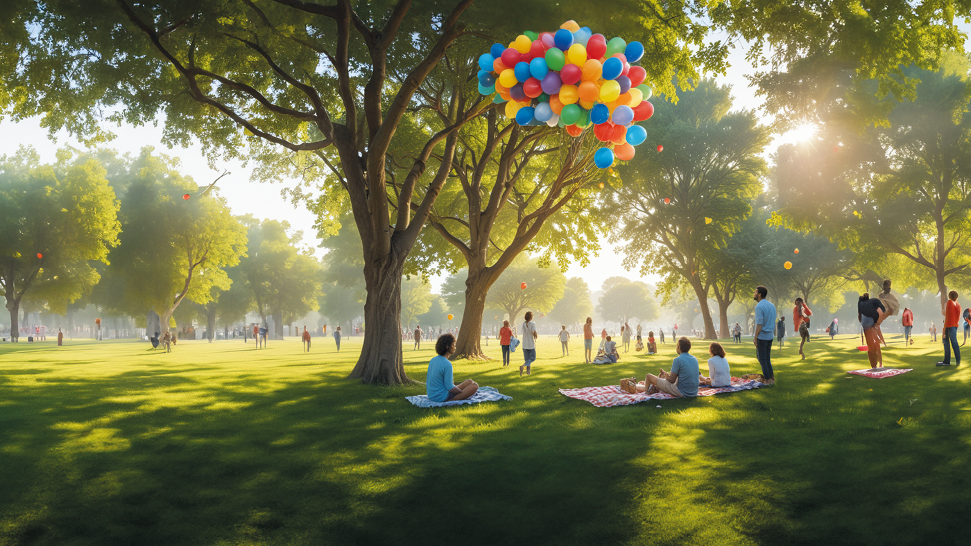 Molte persone siedono su coperte da picnic in un parco verde con grandi alberi e guardano i palloncini nel cielo.