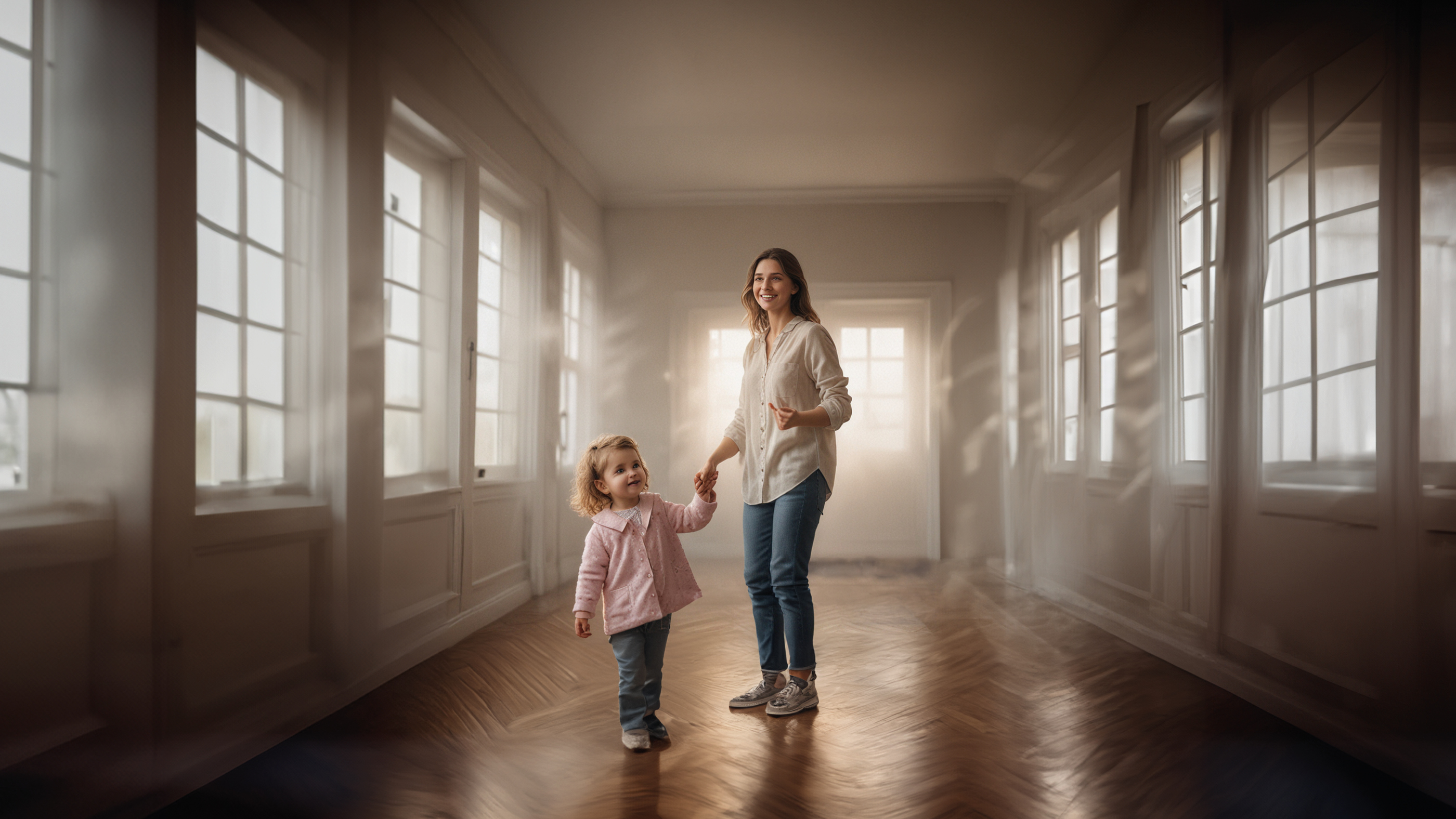 Une jeune mère et sa fille se tiennent par la main dans une pièce baignée de lumière.