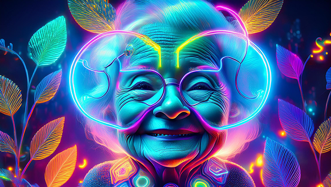 KI generiertes Bild mit alter Frau mit futuristische übergrosse Brille