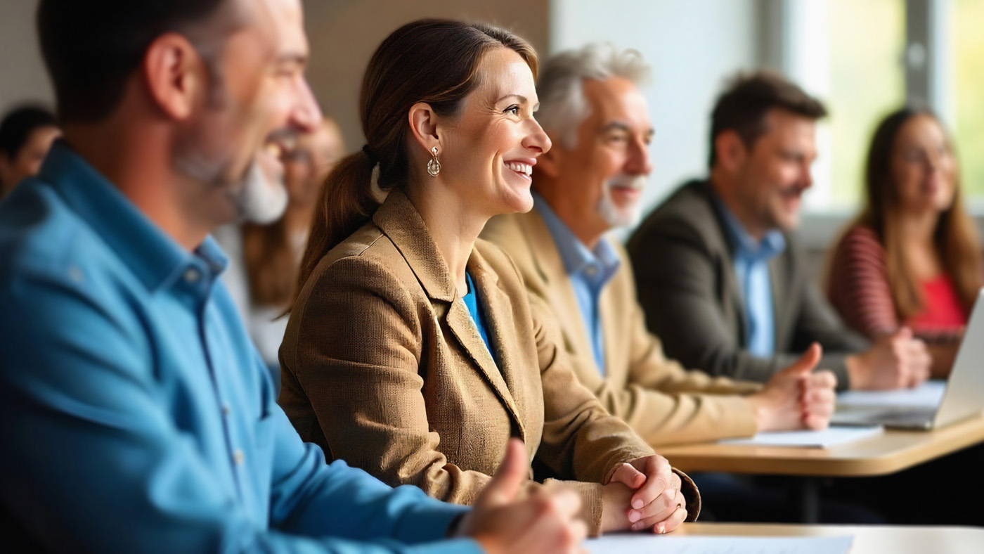 Un gruppo di persone è seduto ai banchi nell’ambito di una formazione continua.